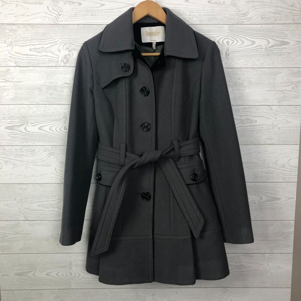 Laundry by Shelli Segal Women's Size 8 Wool Blend Belted Pea Coat Gray Long Slv